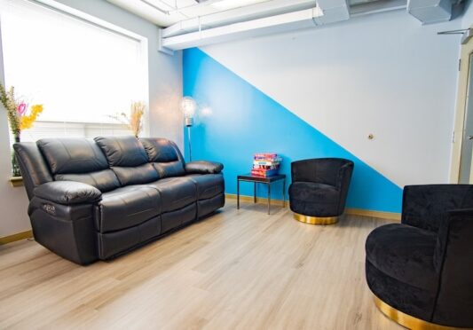Crestmonts entertainment room showing relaxation sofas and decorations with blue and white background